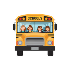 Front view of a yellow school bus with four young girls visible inside, one driving, against a white background.