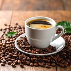 Obraz premium A cup of coffee surrounded by coffee beans on a wooden table