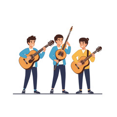 Three young men are playing guitars, standing side-by-side, enjoying the music and performing together in a cheerful manner.