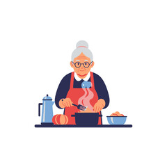 An elderly woman wearing an apron and glasses stirs food in a pot, with a coffee pot and bowl of ingredients nearby.