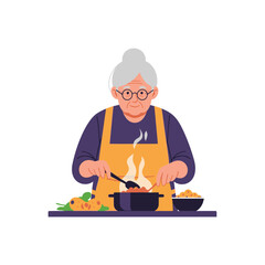 An elderly woman with grey hair and glasses wearing an apron, cooking food in a pot with steam rising, vegetables displayed on the counter.