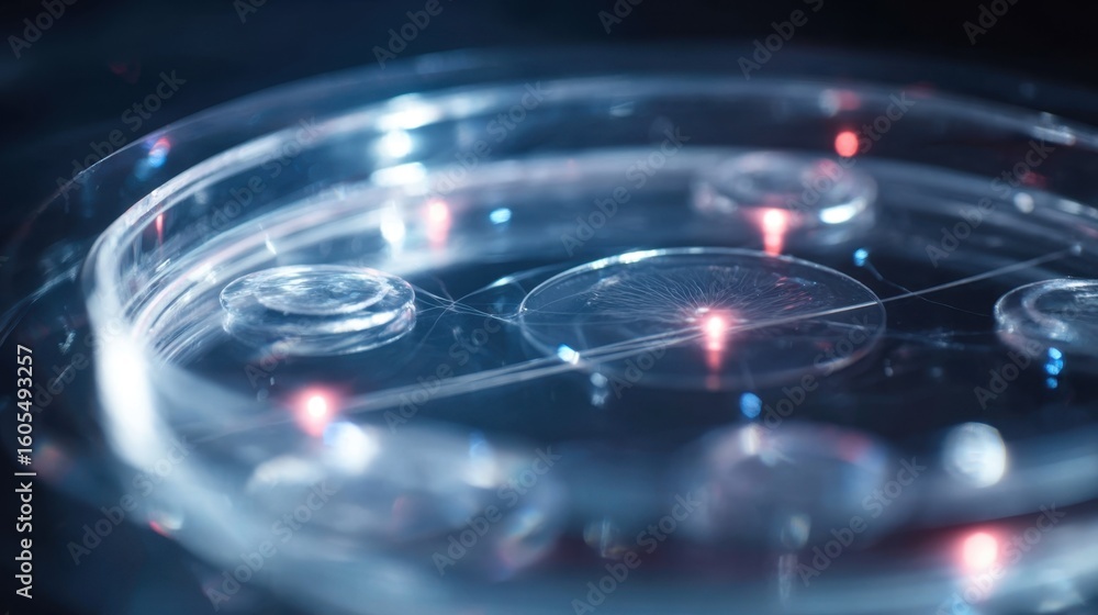 Poster sensors hover above a petri dish containing stem cells, analyzing cell health and growth patterns in