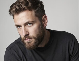 Obraz premium Rugged bearded man with short hair and stylish haircut. Mature adult male with masculine masculine grooming in profile. Trendy adult with modern casual attire, neutral background, side pose.