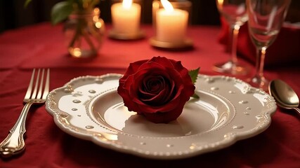 A romantic dinner table setting with a red rose on a plate and candles in the background