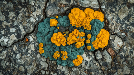 A vibrant cluster of teal and yellow lichen grows in the cracks of a rough, grey stone surface, creating a striking natural contrast.
