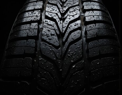 Wet black tire tread pattern close-up. Emphasis on texture and depth for automotive and industrial design themes. Macro shot of rubber vehicle wheel surface with grooves against dark background.