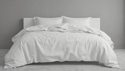 Clean white bedding set with pillows, duvet, sheet on bed. Mockup features crisp linen on modern bed against neutral gray wall, offering comfortable, elegant bedroom aesthetic with included clipping