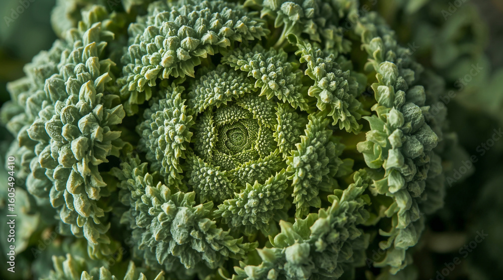 Poster a close-up, macro view of a romanesco broccoli floret showcasing its intricate fractal spiral patter