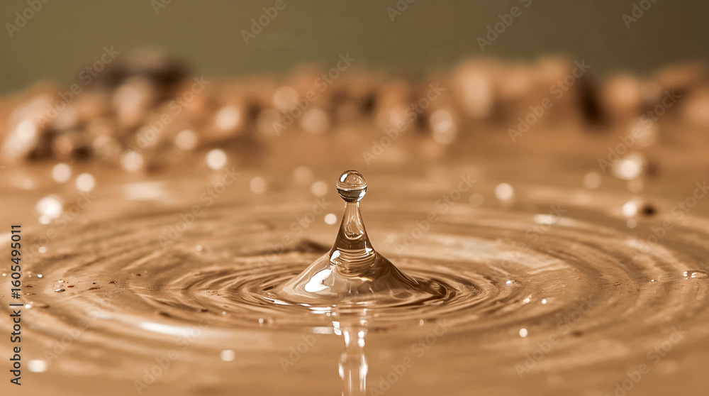 Poster a single water drop suspended mid-air, creating ripples on the surface of a liquid. soft bokeh backg