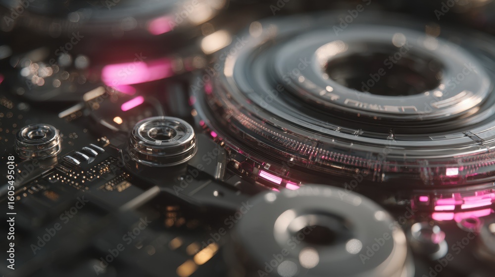 Poster complex machinery with intricate components and glowing pink lights suggests advanced technological 