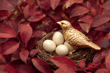 Fototapeta premium Gold Bird and White Eggs Nestled Among Dark Red Leaves