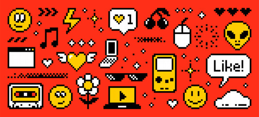 Pixel art y2k vector icons, with social media, gaming, and tech elements. Digital vintage nostalgia for web design.