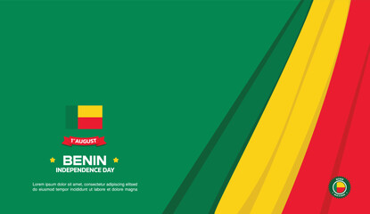 Benin Independence Day Design, minimalist template of August 1st design elements with waving curtain on the right, Benin map and flag in poster and banner form