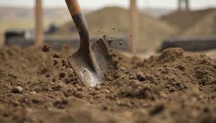 Shovel digs into rich earth, scattering dirt clods. Ground preparation starts construction journey, altering landscape. Excavation signifies new beginnings, groundwork begins for infrastructure