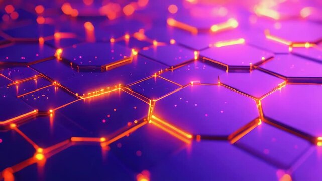 Glowing purple and orange digital hexagons on a circuit board background.
