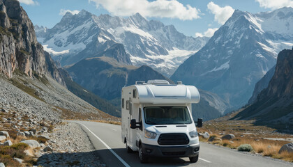 White motorhome travels along winding mountain pass road. Majestic snow-capped peaks dominate landscape under clear blue sky. Explore scenic routes with RV, experiencing freedom on summer road trip