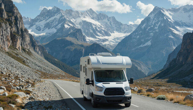 White motorhome travels along winding mountain pass road. Majestic snow-capped peaks dominate landscape under clear blue sky. Explore scenic routes with RV, experiencing freedom on summer road trip - Powered by Adobe