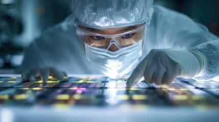 Engineer in protective gear inspecting photonic integrated circuits under bright sterile light in a cleanroom, ensuring quality and precision in semiconductor manufacturing