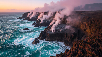 Fototapeta premium Geothermal vents on a rocky coastline at sunrise, with steam rising and waves crashing against the cliffs.
