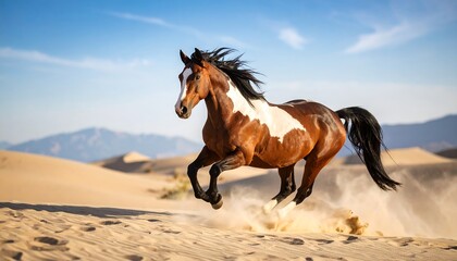 A dappled horse galloping across a sandy desert