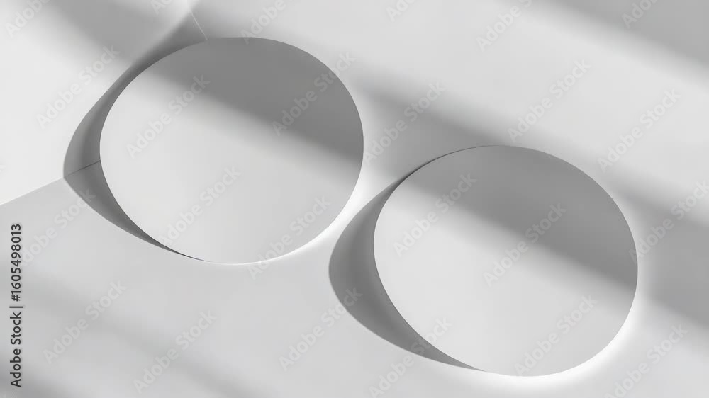 Poster sunlight casts unique shadows on three white circles, creating an abstract and minimalist design.
