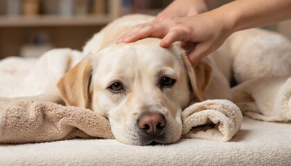 Yellow labrador dog receives head massage in grooming salon. Pet enjoys gentle touch, relaxation, and comfort on soft towels. Professional grooming session ensures hygiene and clean, tidy appearance.