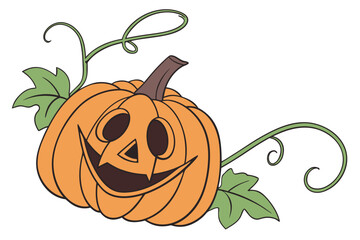 Smiling pumpkin with curly vines on transparent background  