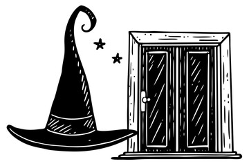Witch hat hanging by door with stars in whimsical design  