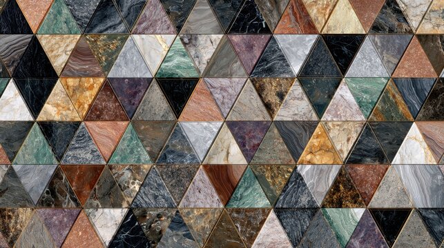 A mosaic made of triangular pieces of colorful decorative stone, creating a unique and eye-catching pattern for interior design.