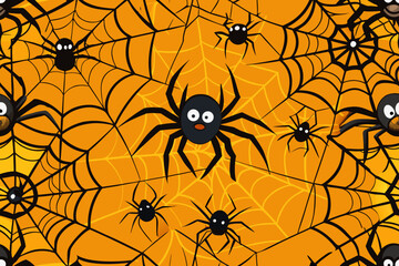 Cartoon spiders on orange web background for Halloween theme  