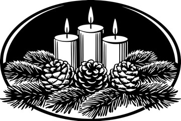 Three candles with pinecones and pine branches in a decorative design  