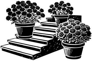 Potted chrysanthemums on steps in a decorative garden arrangement  