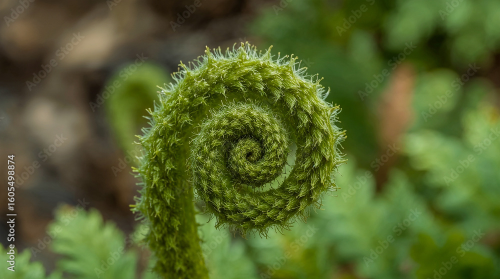 Poster a close-up macro shot of a vibrant green fern frond unfurling in a perfect fibonacci spiral pattern 