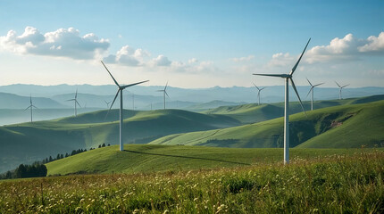 Wind turbines stand on rolling green hills under a clear blue sky with scattered clouds, symbolizing renewable energy and a sustainable future.