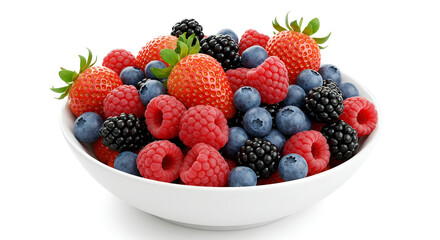 Obraz premium Healthy fruit basket with mixed berries in white bowl, isolated