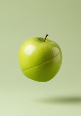 Floating green apple on green background.