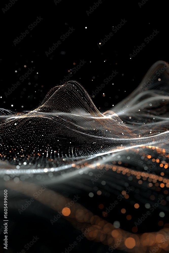 Poster abstract digital art with glowing particles and flowing waves on a dark background