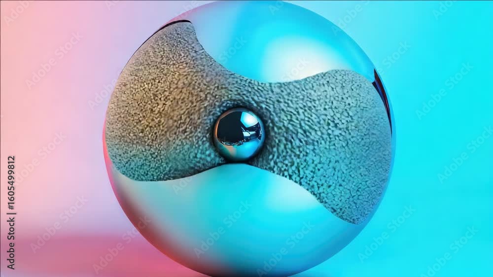 Poster an abstract featuring a multicolored, reflective metal sphere. the colors blend together in the cent