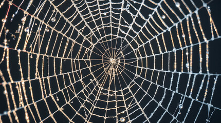 Obraz premium A close-up, intricate spider web covered in frost and dew drops, illuminated by soft golden light against a dark background.