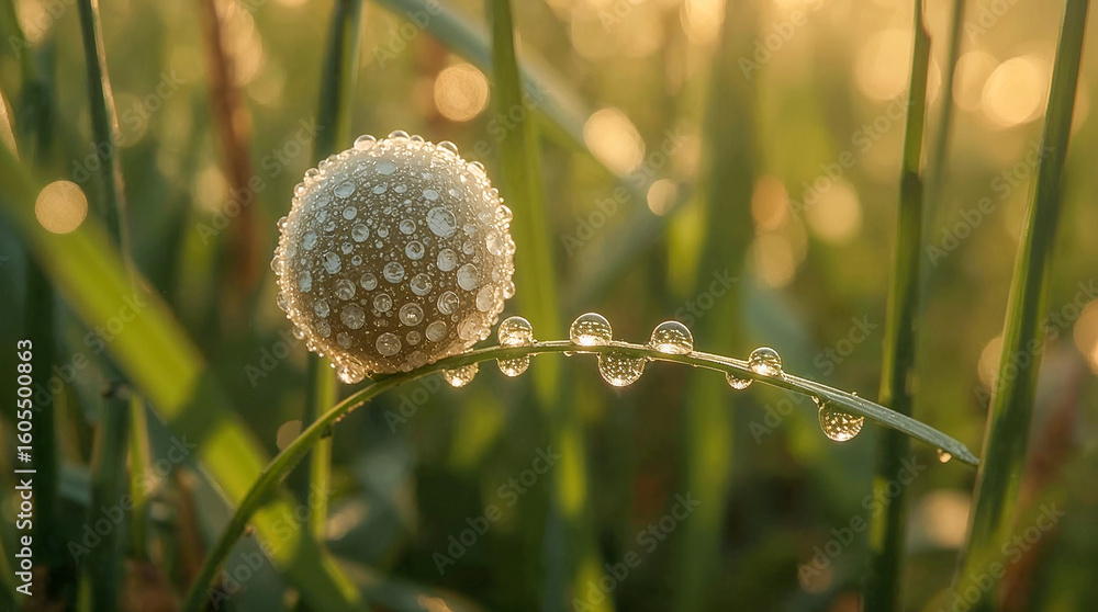 Poster macro shot of a spherical object covered in dew drops, nestled amongst blades of grass with soft bok