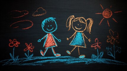 Chalk drawing of children walking on a sunny day in a field of flowers against a black chalkboard backdrop. Whimsical and sweet.