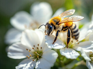 Bee on White Flower Close Up Macro Shot