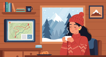 Woman Enjoying Hot Drink at Cozy Cabin Retreat During Winter Season
