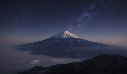 Majestic Mount Fuji in Japan glows under starry night sky with Milky Way visible. Snow-capped peak contrasts with dark, mountainous landscape shrouded in low clouds. Scenic view highlights natural