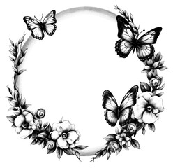 PNG Circle frame with butterfly and flower drawing sketch pattern.