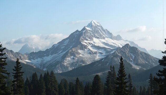Majestic snow-capped mountain peak surrounded by dense pine forest under hazy sky. Rugged slopes show glacier remnants. Serene wilderness landscape offers sense of peaceful isolation, natural