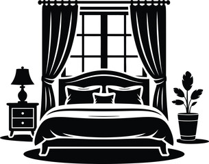 Modern Bedroom Interior Silhouette Vector – Bed, Furniture, Window Clipart Illustration