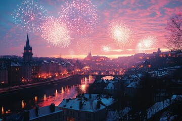  Luxembourg cityscape with New Year's fireworks illuminating the night sky over winter rooftops and river.