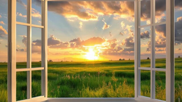Peaceful sunset scene from an open window frame overlooking a grassy field