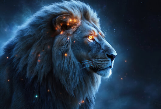 Majestic cosmic lion represents Leo zodiac sign. Celestial creature with glowing orange eyes, fiery mane details, set against deep space starry backdrop with nebulae. Futuristic fantasy illustration.